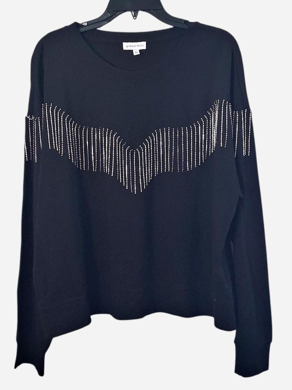 Gianni Bini Black Long Sleeve Top with Silver Rhinestone Fringe